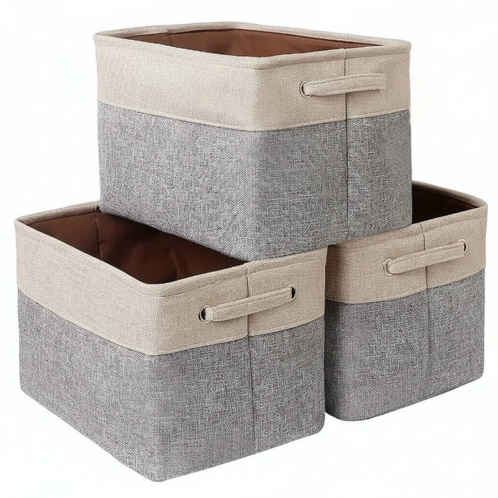 Panier rangement tissu gris beige avec poignées renforcées