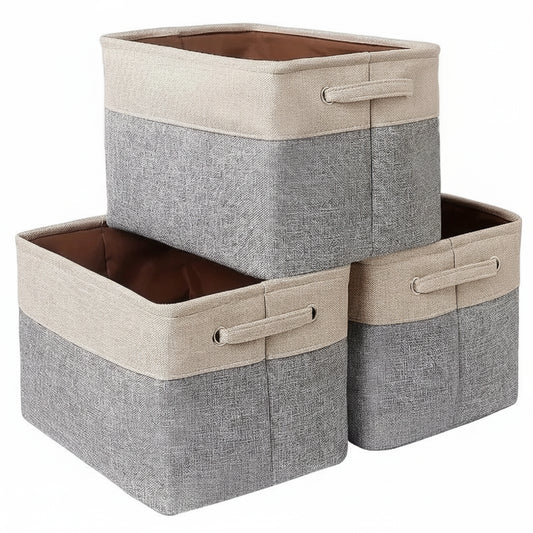 Panier rangement tissu gris beige avec poignées renforcées