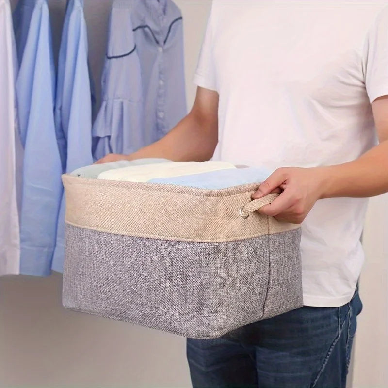 Panier rangement tissu gris beige vue de côté

